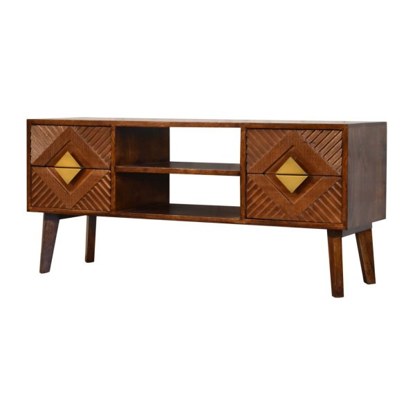 Solid Mango Wood Chestnut and Brass Finished 2 Slots 4 Drawer Media Unit - Image 2