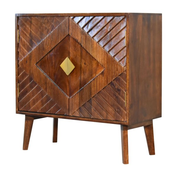 Solid Mango Wood Chestnut Finished 2 Door Alma Cabinet with Brass Diamond Pattern - Image 2