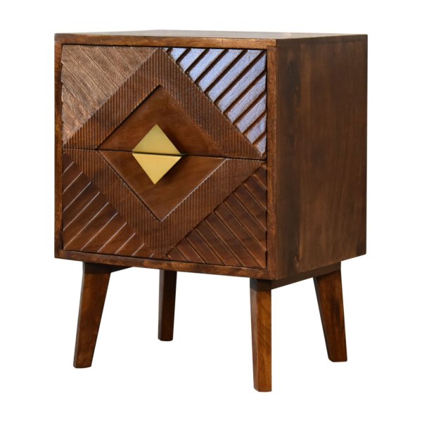 Solid Mango Wood Chestnut Finished 2 Drawer Alma Bedside with Brass Inlay Diamond Pattern - Image 2