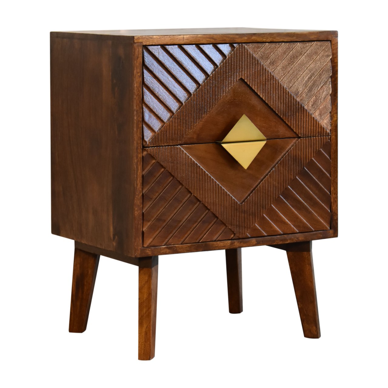 Solid Mango Wood Chestnut Finished 2 Drawer Alma Bedside with Brass Inlay Diamond Pattern - Image 3