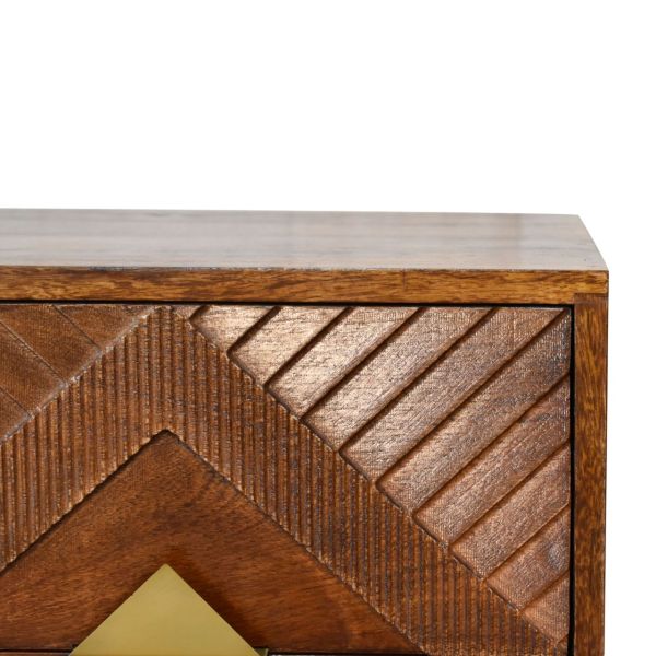 Solid Mango Wood Chestnut Finished 2 Drawer Alma Bedside with Brass Inlay Diamond Pattern - Image 4