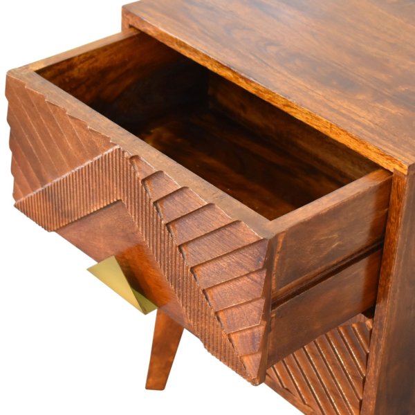Solid Mango Wood Chestnut Finished 2 Drawer Alma Bedside with Brass Inlay Diamond Pattern - Image 5