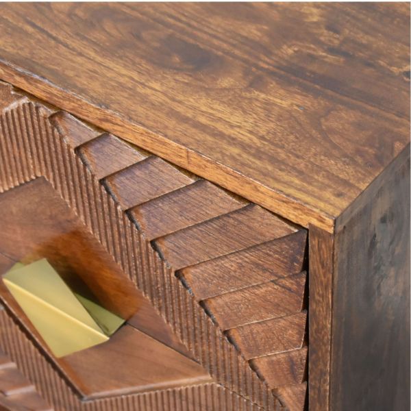 Solid Mango Wood Chestnut Finished 2 Drawer Alma Bedside with Brass Inlay Diamond Pattern - Image 6