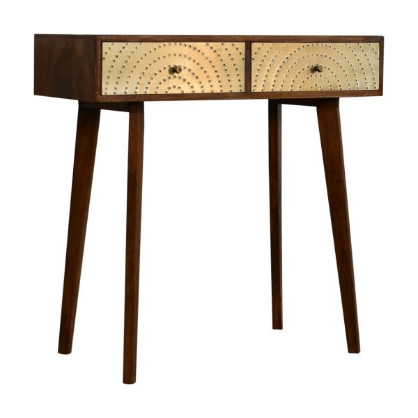 Solid Mango Wood Chestnut and Brass Finished 2 Drawer Console Table - Image 3