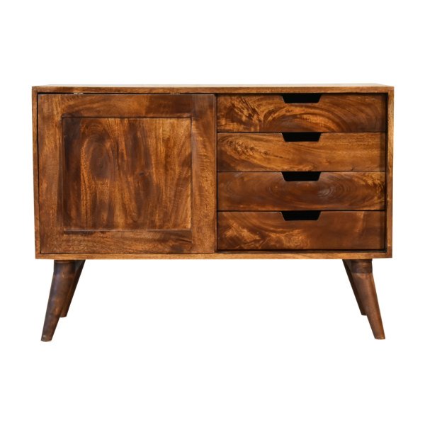 Solid Mango Wood Chestnut Finished Sliding Cabinet with 4 Drawers