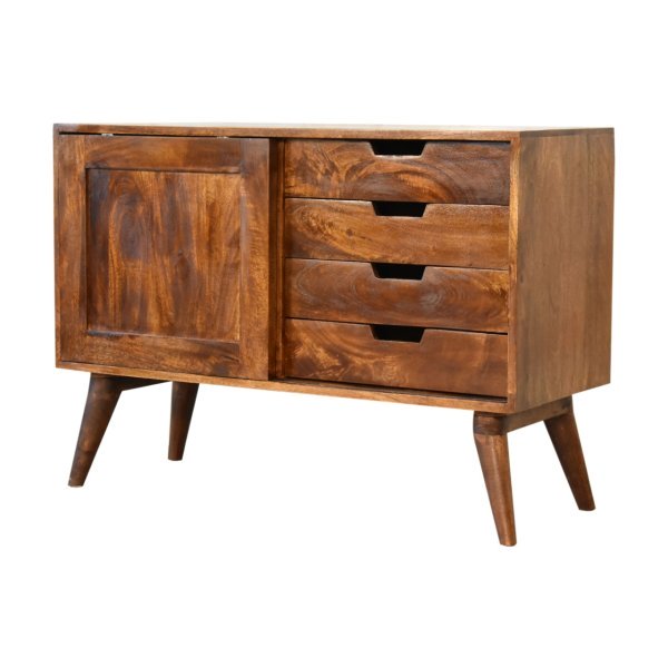 Solid Mango Wood Chestnut Finished Sliding Cabinet with 4 Drawers - Image 2