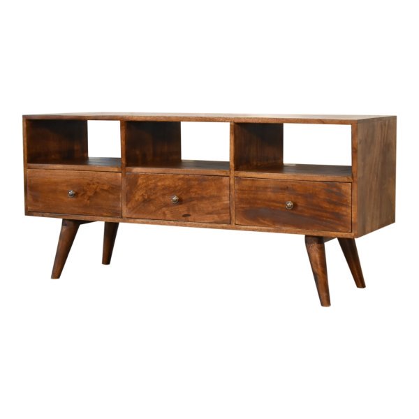 Solid Mango Wood Chestnut Finished 3 Drawer Scandinavian Style TV Media Unit - Image 2