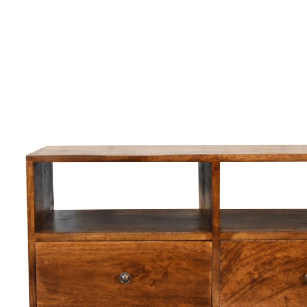 Solid Mango Wood Chestnut Finished 3 Drawer Scandinavian Style TV Media Unit - Image 4