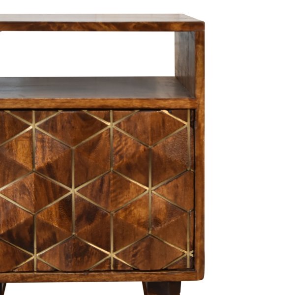 Solid Mango Wood Chestnut Finished Diamond Patterned 1 Door Bedside - Image 4