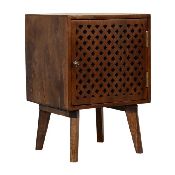 Solid Mango Wood Chestnut Finished Carved Front 1 Door Bedside - Image 2