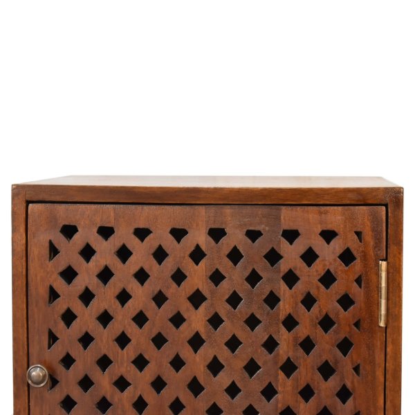 Solid Mango Wood Chestnut Finished Carved Front 1 Door Bedside - Image 4