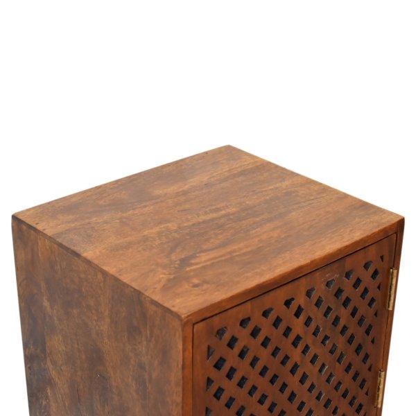 Solid Mango Wood Chestnut Finished Carved Front 1 Door Bedside - Image 5