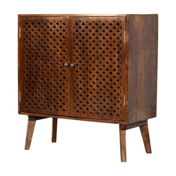 Solid Mango Wood Chestnut Finished Carved Front 2 Door Cabinet - Image 3