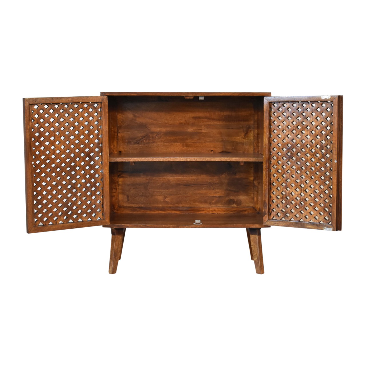 Solid Mango Wood Chestnut Finished Carved Front 2 Door Cabinet - Image 7