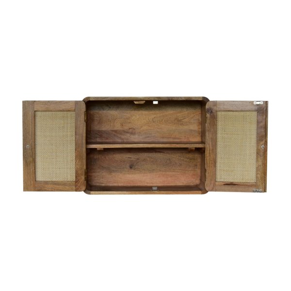 Solid Mango Wood Grey Wash Finished  2 Door Floating Woven Cabinet - Image 7