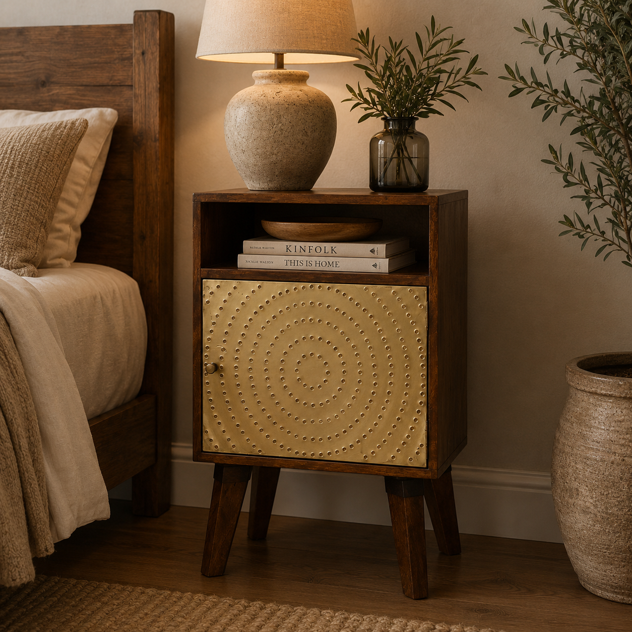 Solid Mango Wood Chestnut and Brass Finished Zen Bedside
