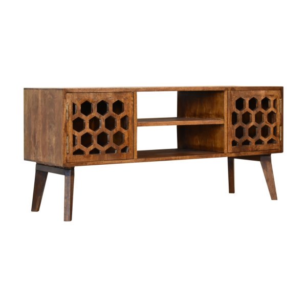 Solid Mango Wood Chestnut Finished 2 Door 2 Slot Honeycomb Patterned Media Unit - Image 2