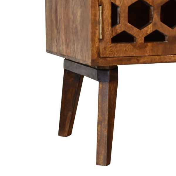 Solid Mango Wood Chestnut Finished 2 Door 2 Slot Honeycomb Patterned Media Unit - Image 7