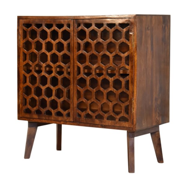 Solid Mango Wood Chestnut Finished 2 Door Honeycomb Front Cabinet - Image 3