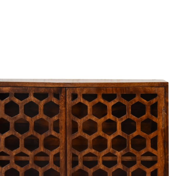 Solid Mango Wood Chestnut Finished 2 Door Honeycomb Front Cabinet - Image 4