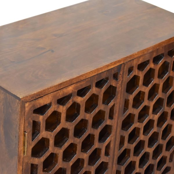 Solid Mango Wood Chestnut Finished 2 Door Honeycomb Front Cabinet - Image 5