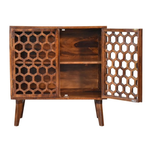 Solid Mango Wood Chestnut Finished 2 Door Honeycomb Front Cabinet - Image 6
