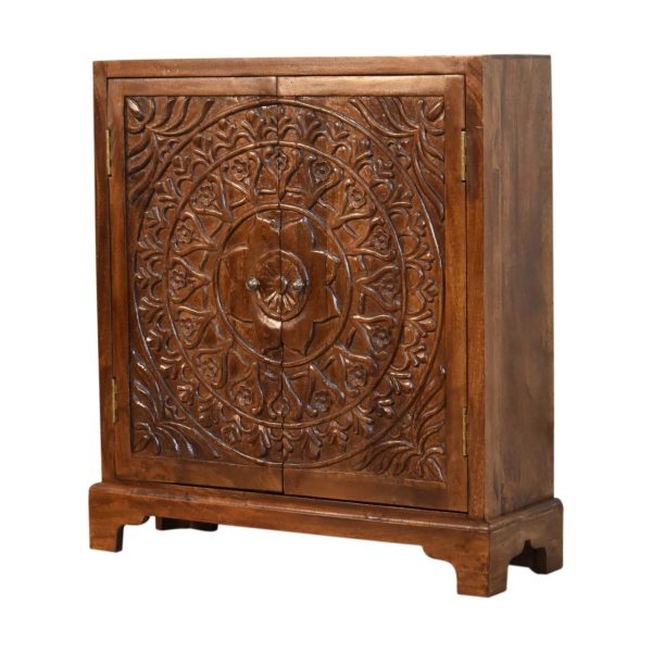 Solid Mango Wood Chestnut Finished Intricately Carved Tova 2 Door Cabinet - Image 3