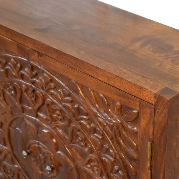 Solid Mango Wood Chestnut Finished Intricately Carved Tova 2 Door Cabinet - Image 5