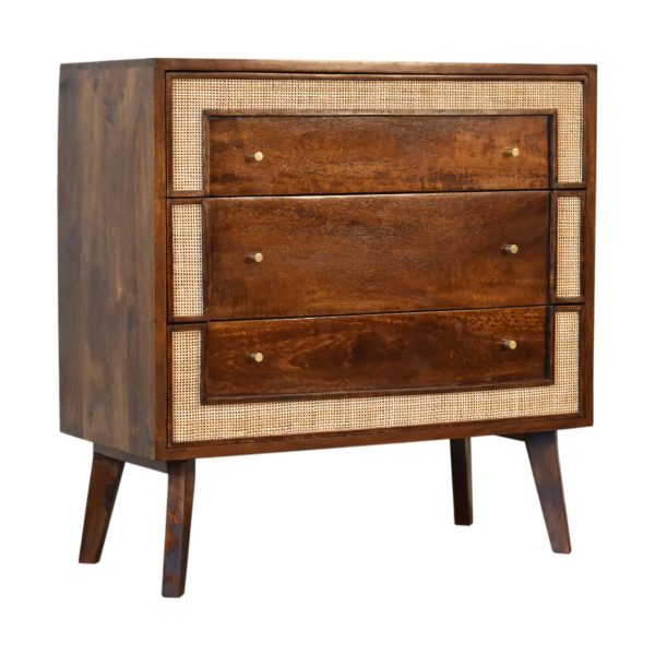 Solid Mango Wood Chestnut Finished 3 Drawer Rattan Woven Square Chest - Image 2