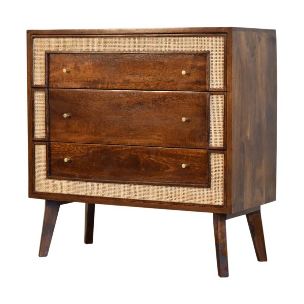 Solid Mango Wood Chestnut Finished 3 Drawer Rattan Woven Square Chest - Image 3