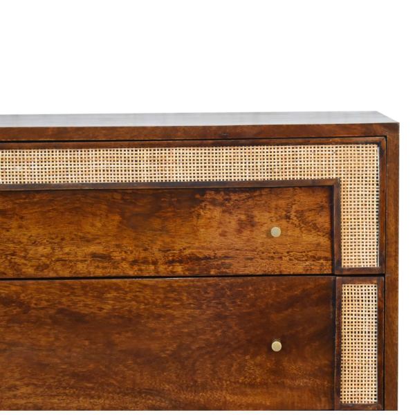 Solid Mango Wood Chestnut Finished 3 Drawer Rattan Woven Square Chest - Image 4