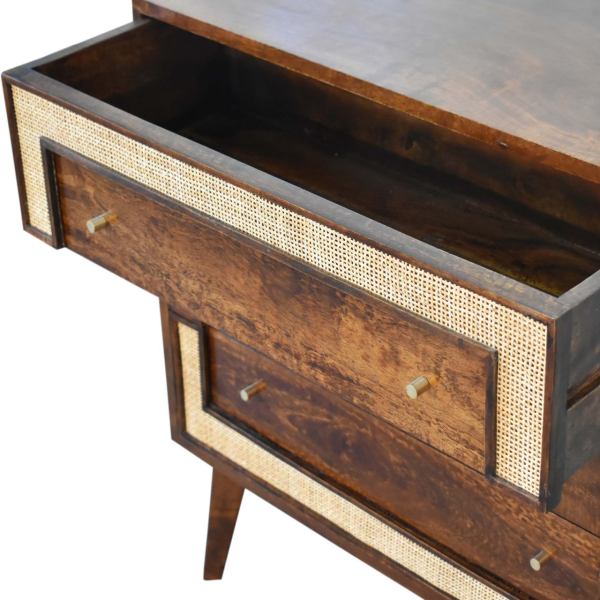 Solid Mango Wood Chestnut Finished 3 Drawer Rattan Woven Square Chest - Image 6