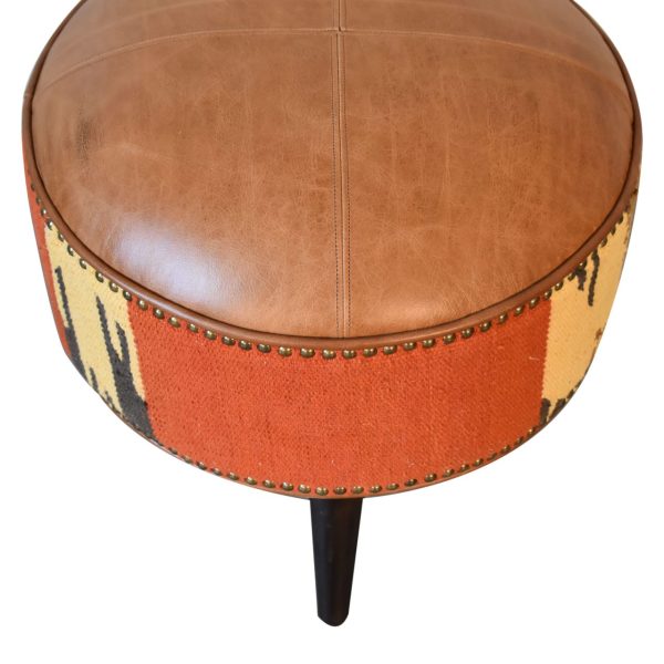 Solid Mango Wood California Walnut Durrie and Leather Mixed Footstool - Image 6