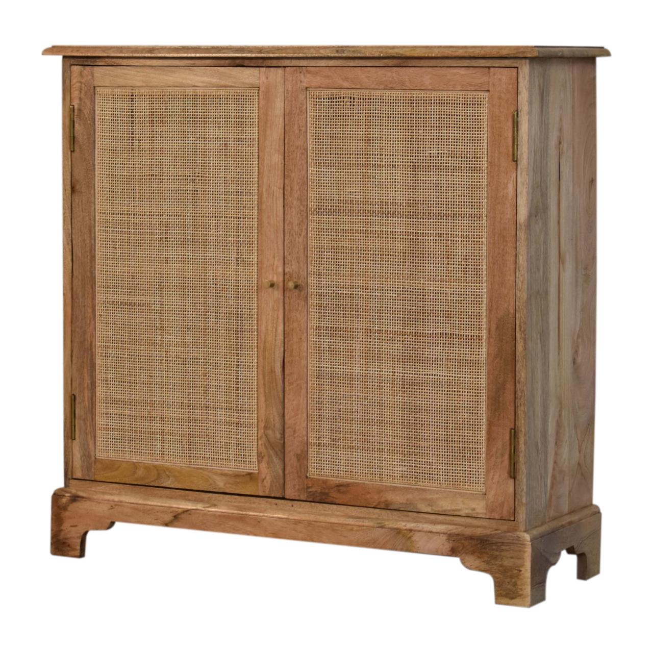 Solid Mango Wood Oak Finished 2 Woven Doors Lounge Cabinet - Image 3