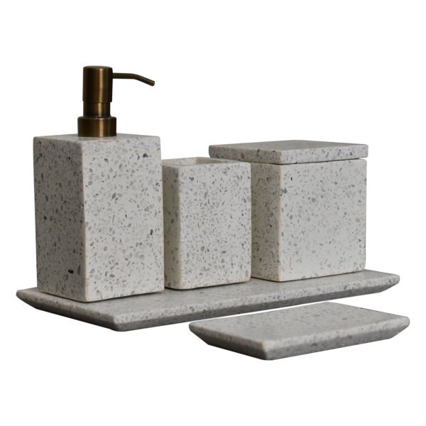 Solid Mango Wood White Marble Trazzo 5-piece Bathroom Set - Image 6