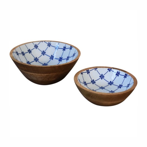 Solid Mango Wood Oak & Enamel Finished Set of 2 Blue and White Bowls - Image 2
