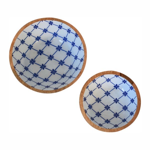 Solid Mango Wood Oak & Enamel Finished Set of 2 Blue and White Bowls - Image 3