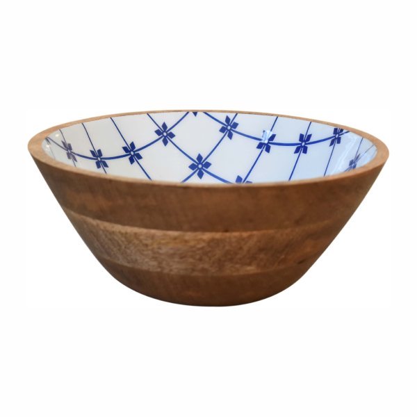 Solid Mango Wood Oak & Enamel Finished Set of 2 Blue and White Bowls - Image 4