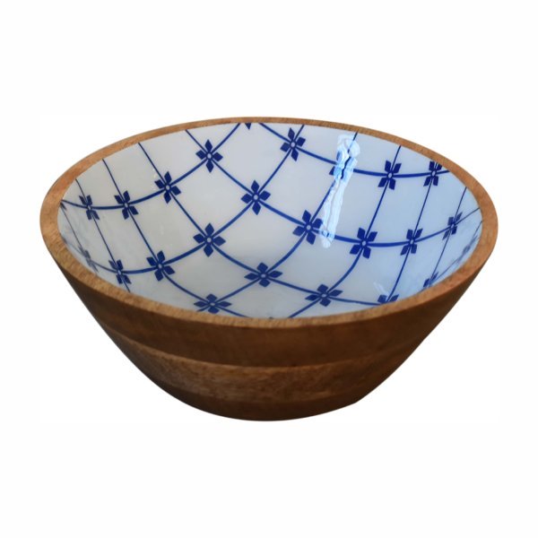 Solid Mango Wood Oak & Enamel Finished Set of 2 Blue and White Bowls - Image 5
