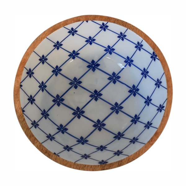 Solid Mango Wood Oak & Enamel Finished Set of 2 Blue and White Bowls - Image 6