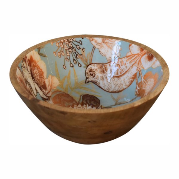 Solid Mango Wood Oak Finished Enamelled Set of 2 Floral Bird Bowls - Image 5