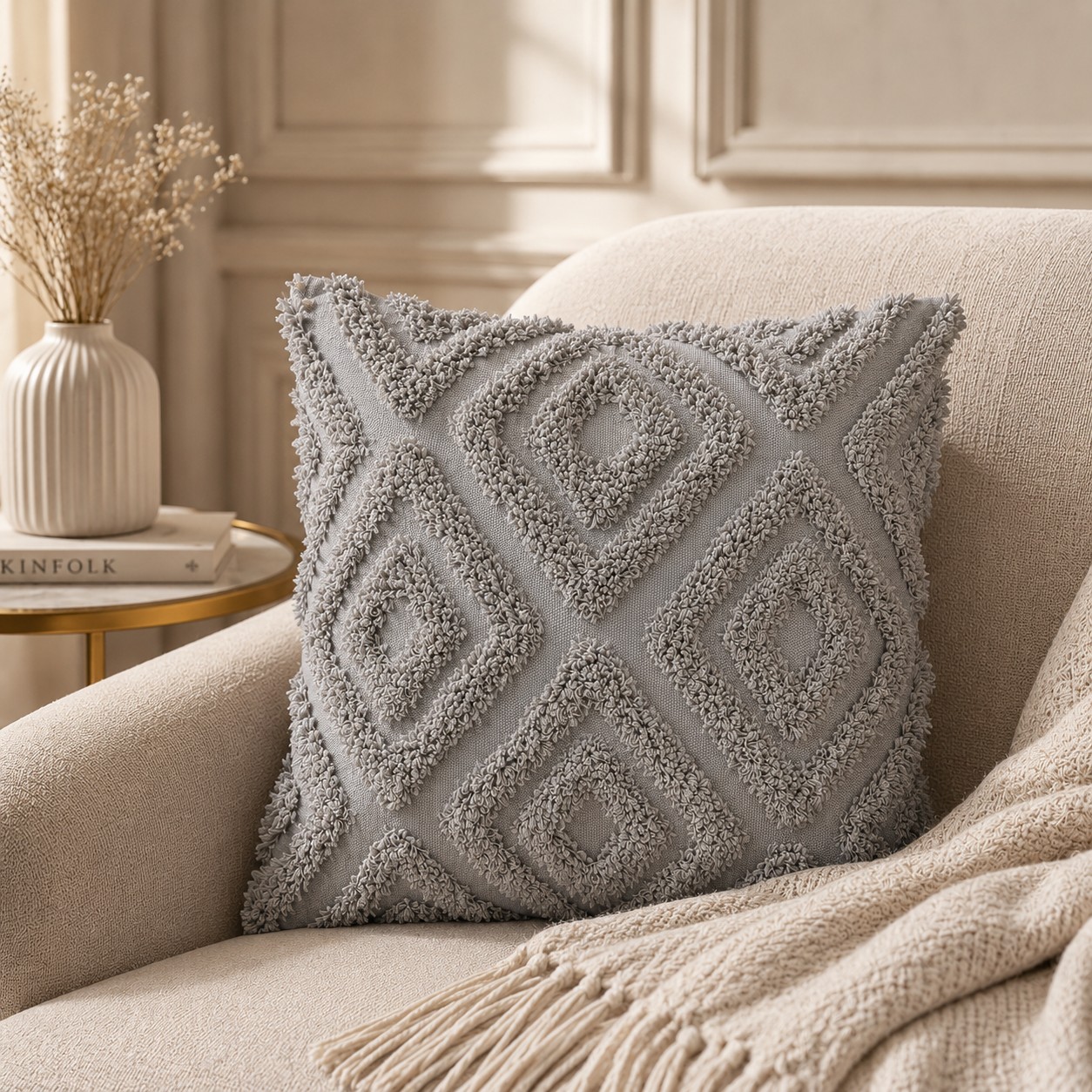 Solid Mango Wood 2 Grey Mini Diamond Tassle Cushions