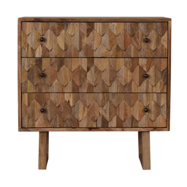 Solid Mango Wood Oak Finished 3 Drawer Pineapple Patterned Chest with 'U' Shaped Legs