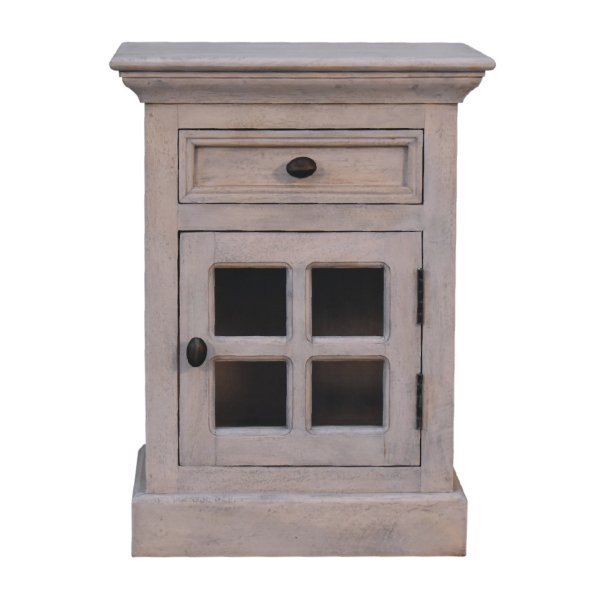 Solid Mango Wood Acid Washed Finished 1 Glass Door 1 Drawer Bedside