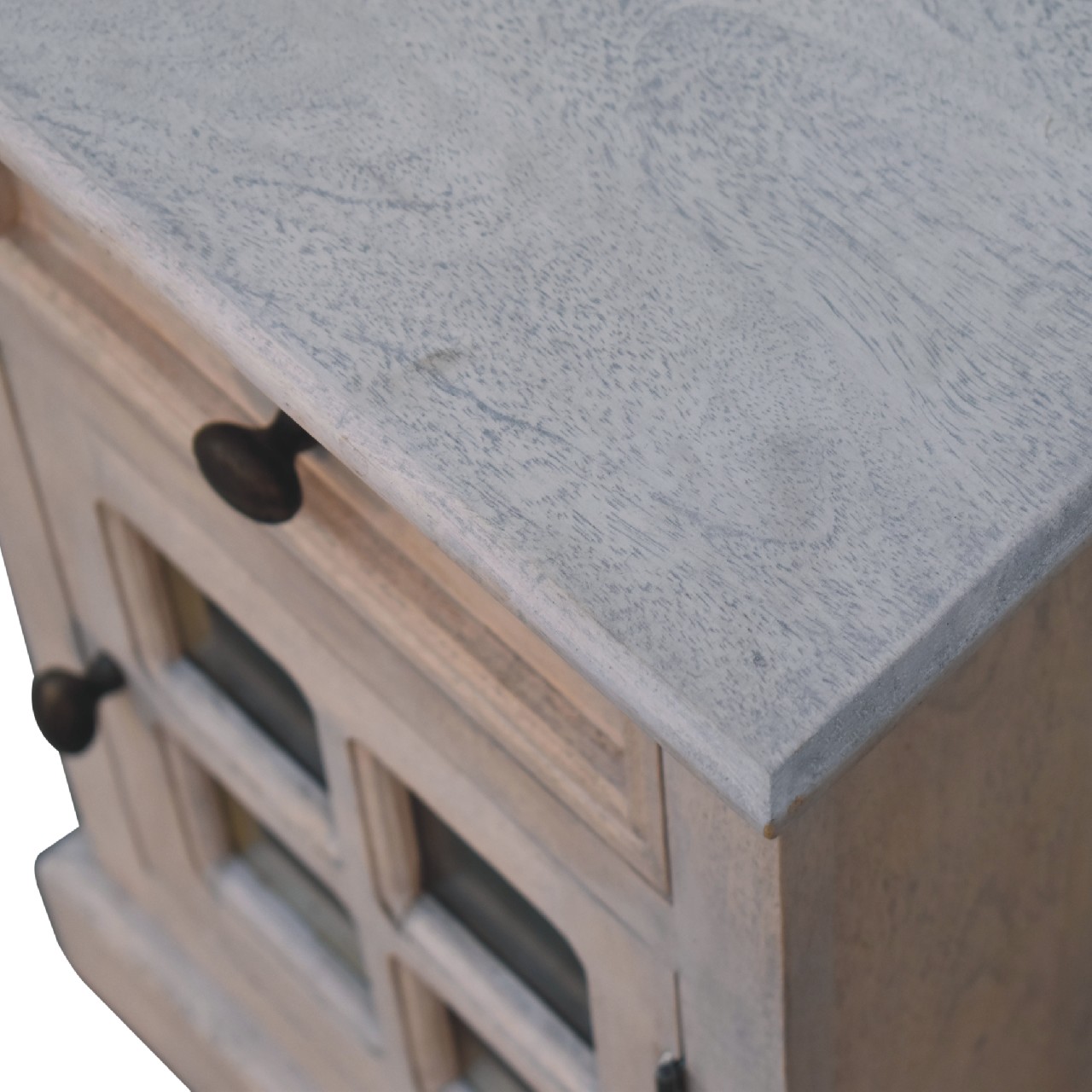 Solid Mango Wood Acid Washed Finished 1 Glass Door 1 Drawer Bedside - Image 6