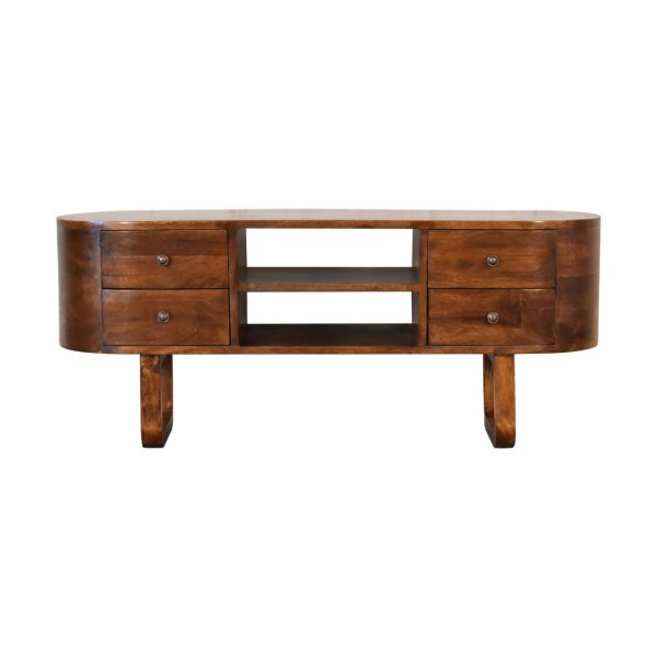 Solid Mango Wood Chestnut Finished 2 Drawer Rounded Corners Media TV Unit with 'U' Shaped Legs