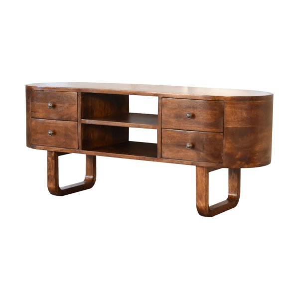Solid Mango Wood Chestnut Finished 2 Drawer Rounded Corners Media TV Unit with 'U' Shaped Legs - Image 2