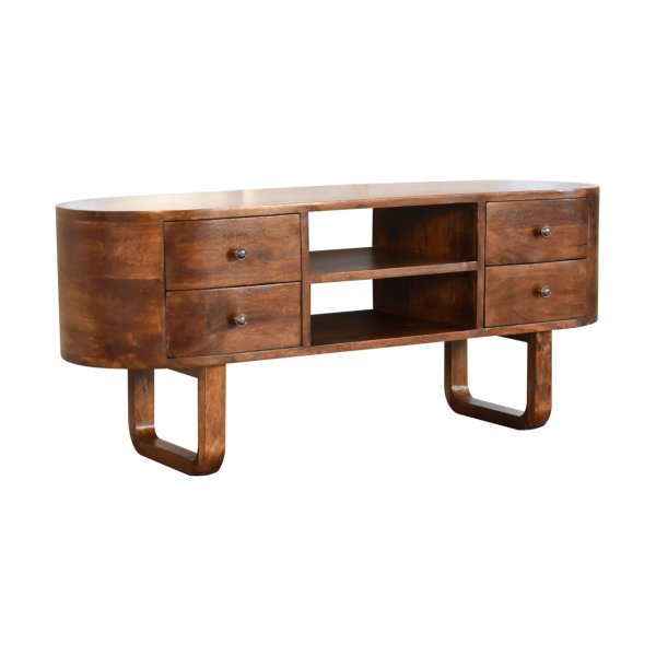 Solid Mango Wood Chestnut Finished 2 Drawer Rounded Corners Media TV Unit with 'U' Shaped Legs - Image 3