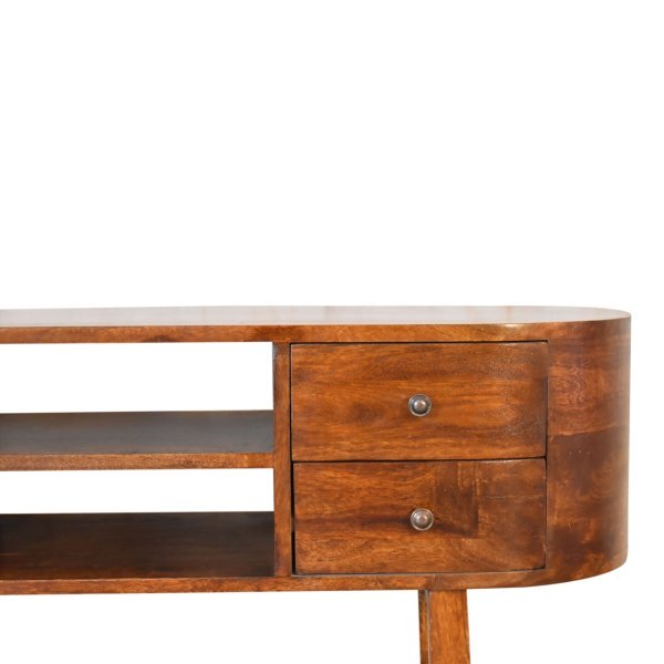 Solid Mango Wood Chestnut Finished 2 Drawer Rounded Corners Media TV Unit with 'U' Shaped Legs - Image 4