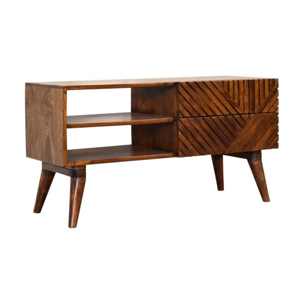Solid Mango Wood Chestnut Finished 2 Drawer Lille Geometric Pattern Media Unit - Image 3